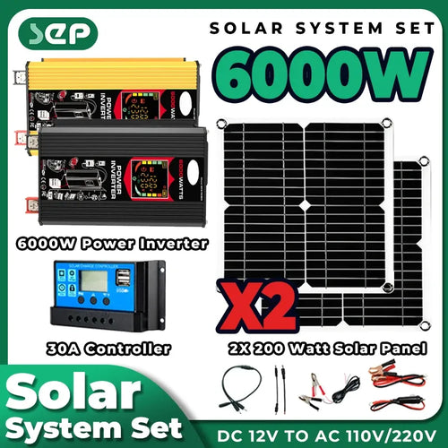 6000W solar kit with yellow/black power inverters, two black solar panels, a blue 30A controller, and cable accessories.