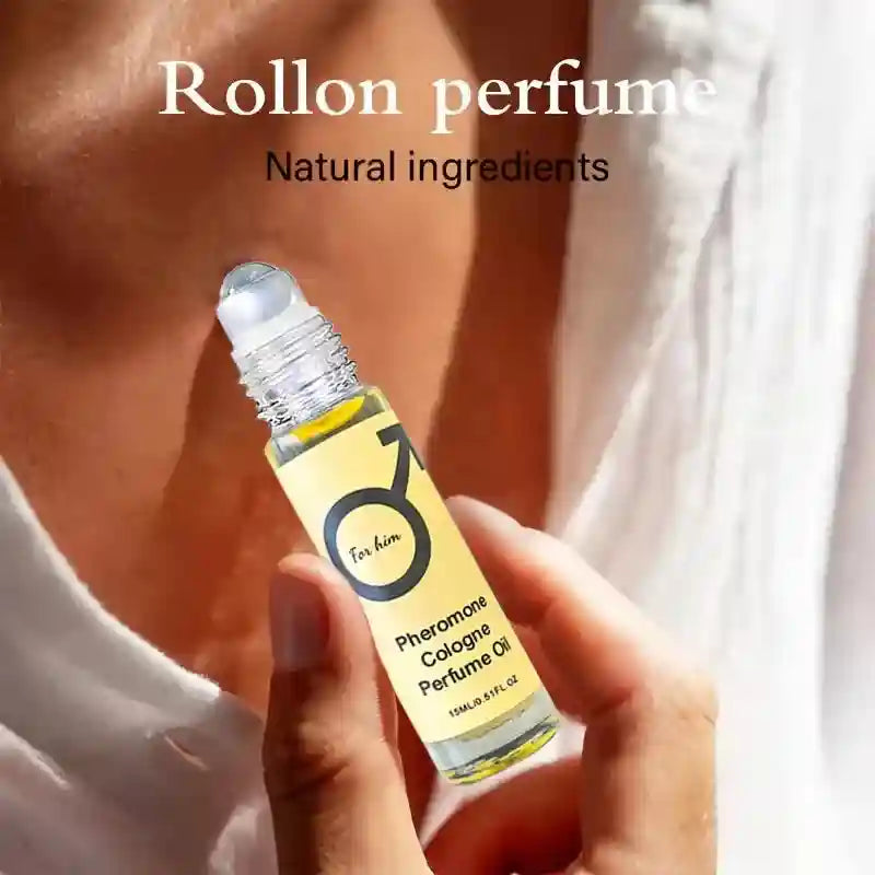 Portable pheromone roll-on cologne oil for men, 15ml travel-size bottle, romantic long-lasting natural fragrance.