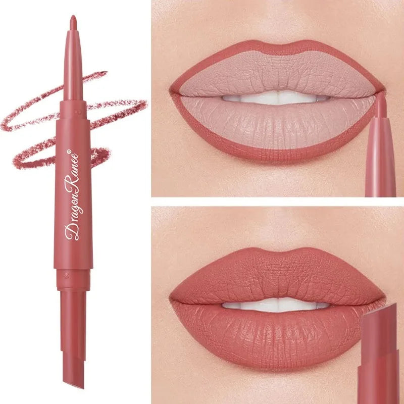 Dual-ended rose red lip liner and matte lipstick pencil for long-lasting, waterproof, full-coverage nude lip makeup.