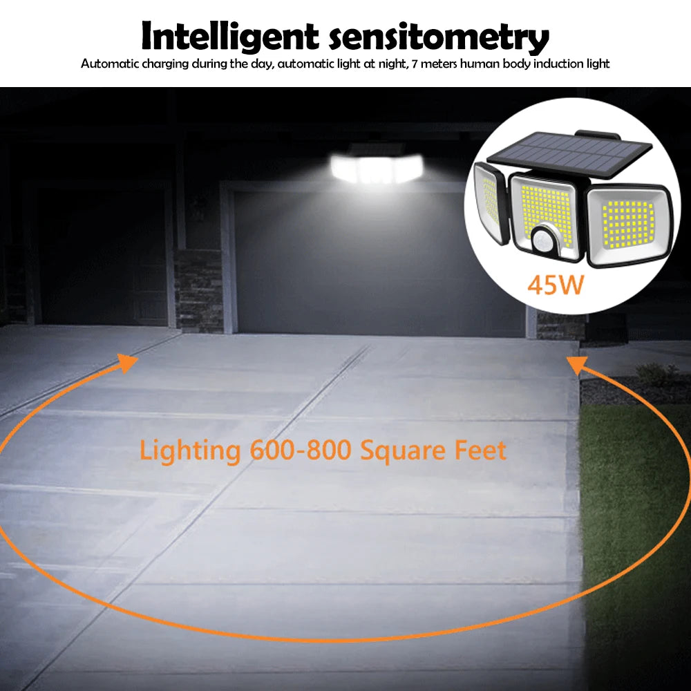 Solar Lights Outdoor 3 Heads Motion Sensor 286/236LED Security Flood Lights Waterproof 3 Modes Wall Lamp for Garden Patio Yard