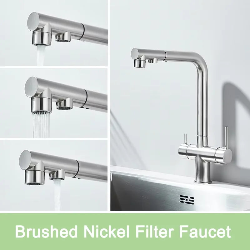 Black Water Purifier Kitchen Faucet 2 In 1 Pull Out Flexible Hot and Cold Water Mixer Tap with Filter Nozzle Faucets