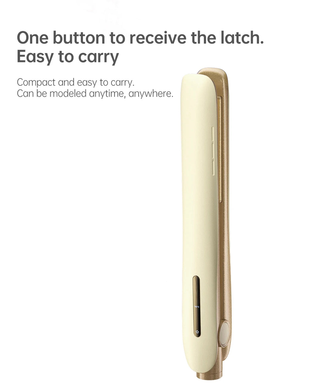Compact cream and gold 2-in-1 hair straightener and curler flat iron with smart temp control for travel.