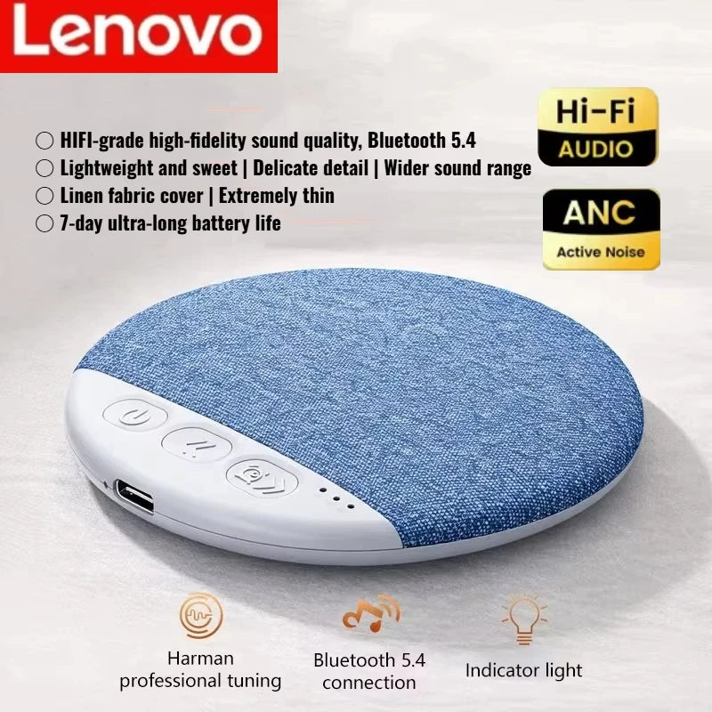 Lenovo mini Bluetooth sleeping speaker with blue fabric top and white side controls