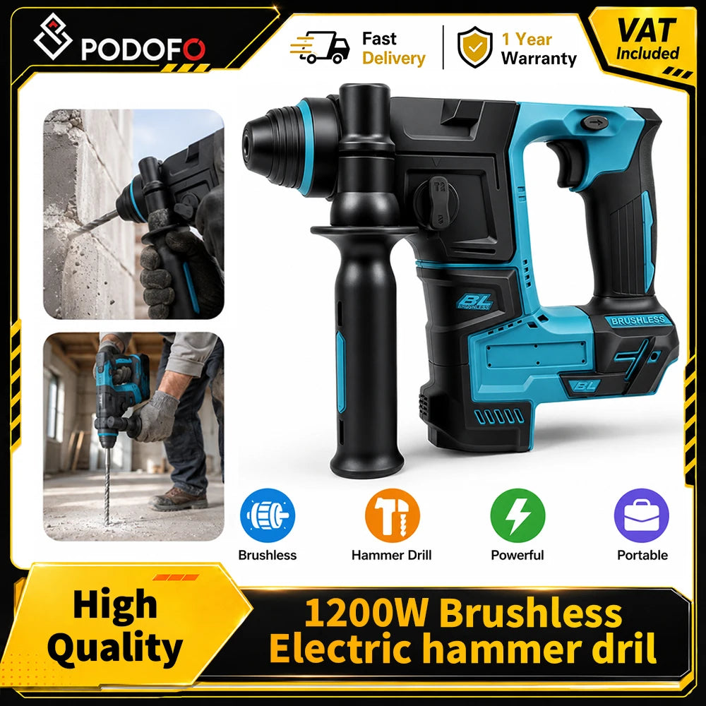 Podofo Brushless Cordless Rotary Hammer Drill Bare Tool Dual Modes Drilling Hammer Drilling For Concrete Brick Stone Masonry Wood Metal Home Renovation Heavy Duty Construction DIY Power Tool
