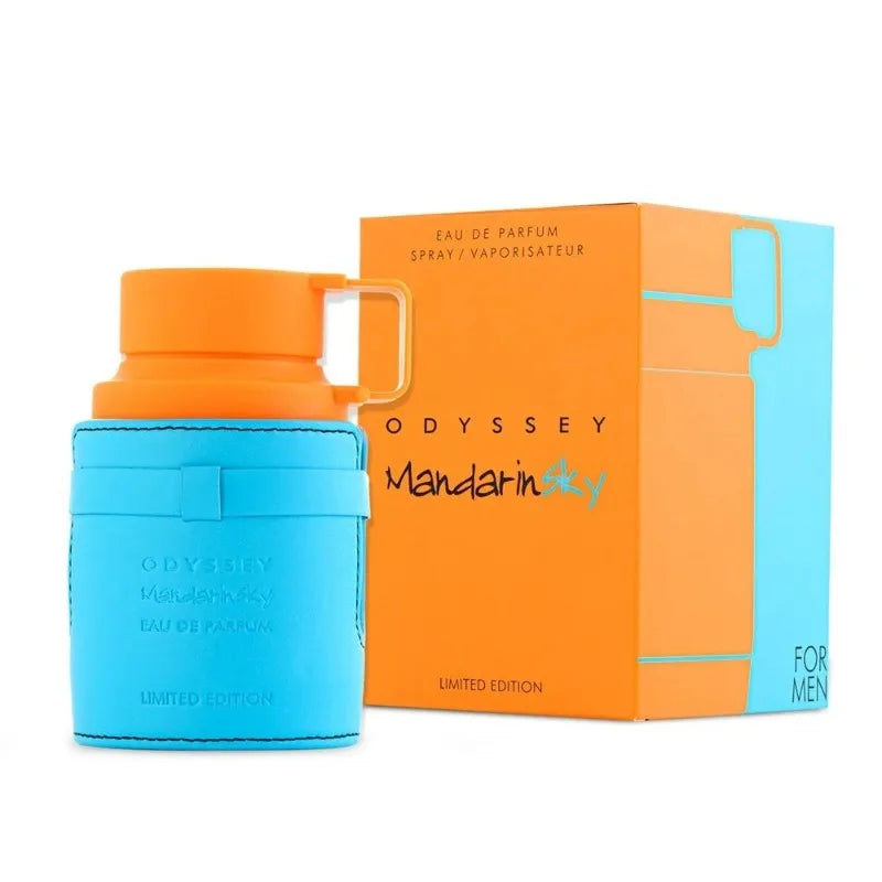 Armaf Odyssey Mandarin Sky EDP for Men: Woody citrus scent in a unique blue leather-wrapped bottle with orange cap.