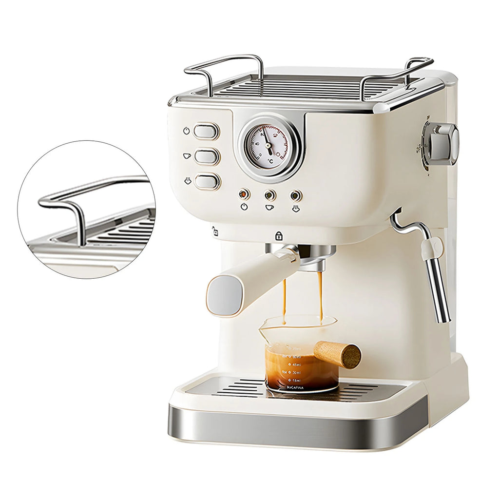Cream-colored vintage style espresso machine with pressure gauge, steam wand, and portafilter for home coffee brewing.