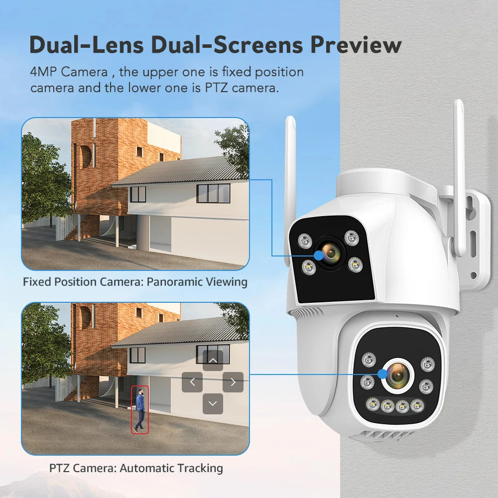 4MP 4G Wifi Surveillance Camera AI Auto Tracking Color Night Vision Two Way Audio Outdoor Dual Lens Dual Screen PTZ Security Cam