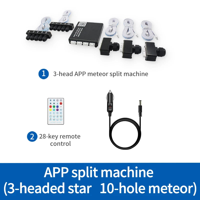 12V car fiber optic meteor splitter kit with 3-head module, app control, and remote