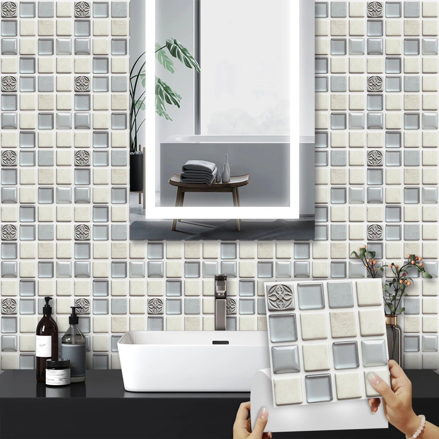 10pcs Flat Mosaic Tiles Sticker Set Kitchen Bathroom Wall Decals Gloss Waterproof Film 2D Surface Cover Transfers for Home Decor