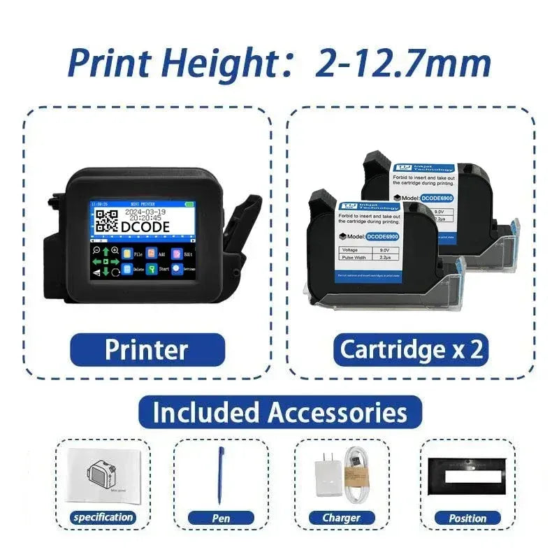 Mini inkjet printer bundle with cartridge x2 and accessories including charger and pen