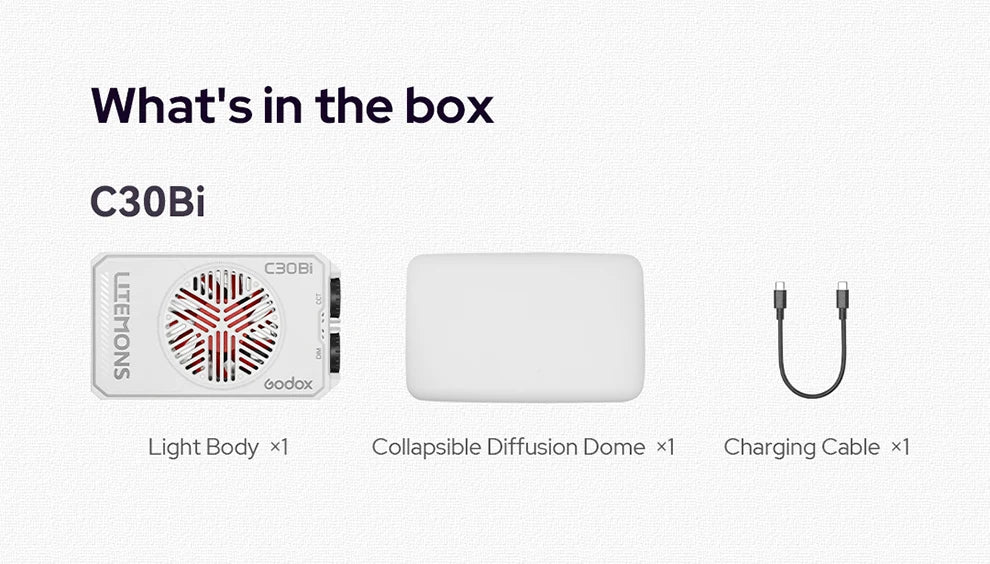 C30Bi LED light set including a rectangular light body, a soft white diffusion dome, and a USB charging cable.