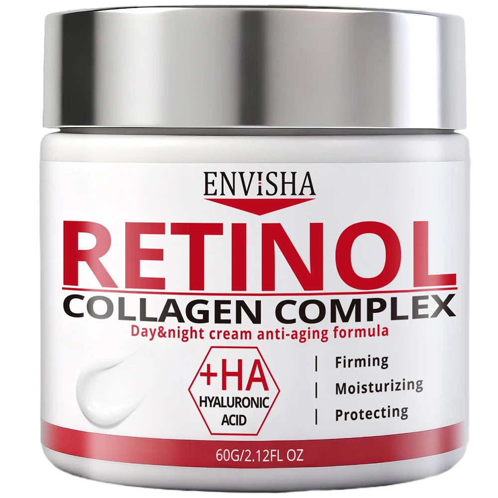White 60g jar of Retinol Collagen Complex anti-aging face cream with a silver lid.