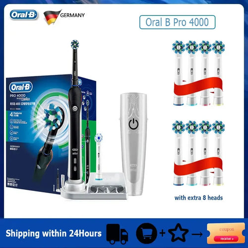 Oral B Pro 4000 AI toothbrush with 8 brush heads, daily clean mode, pressure sensor, and charging base set.