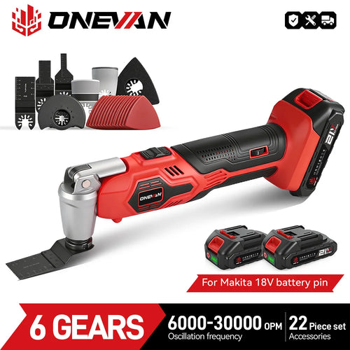 Red and black oscillating multifunction tool with gray blade and oscillating head