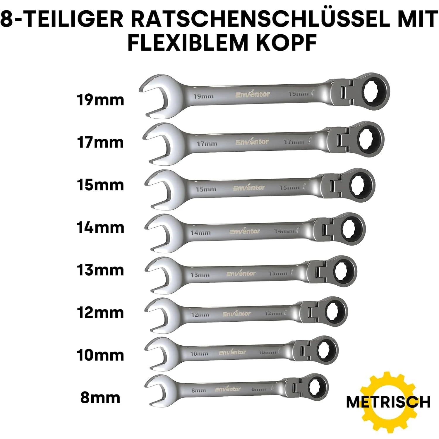 Enventor 8-Piece Flexible Ratchet Key Set, Fork Key Set, 72 Teeth, in Storage Bag, Chrome-Vanadium Steel, 8–19 mm, for Electricians, Car Repairs, Furniture Assembly