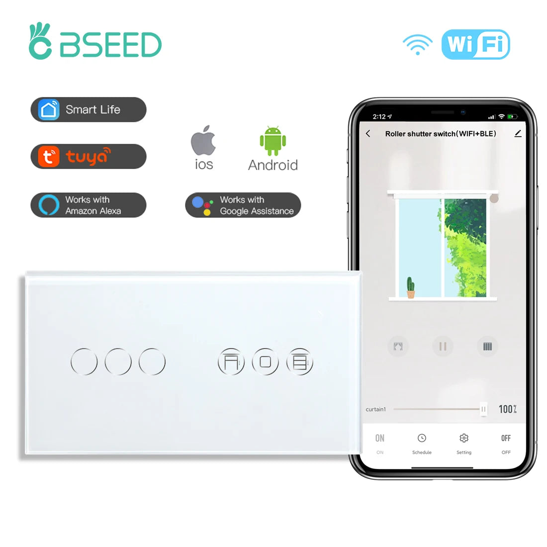 Tidesmit Smart WiFi Shutter Switch - App Controlled Roller Blind Timer Wifi 3Gang White Tidesmit