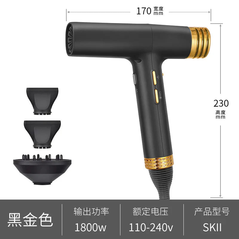 Black and gold ionic hair dryer with 3 magnetic nozzles, 11000 RPM, low-noise tech, and constant heat control.