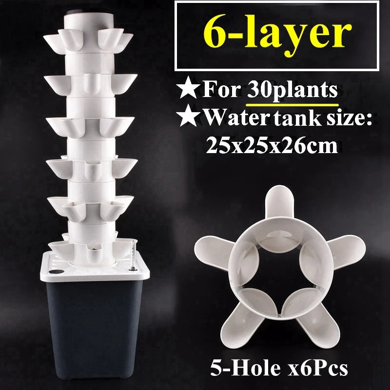 Vertical hydroponic planter tower kit with 6 layers and 5 planting holes, white