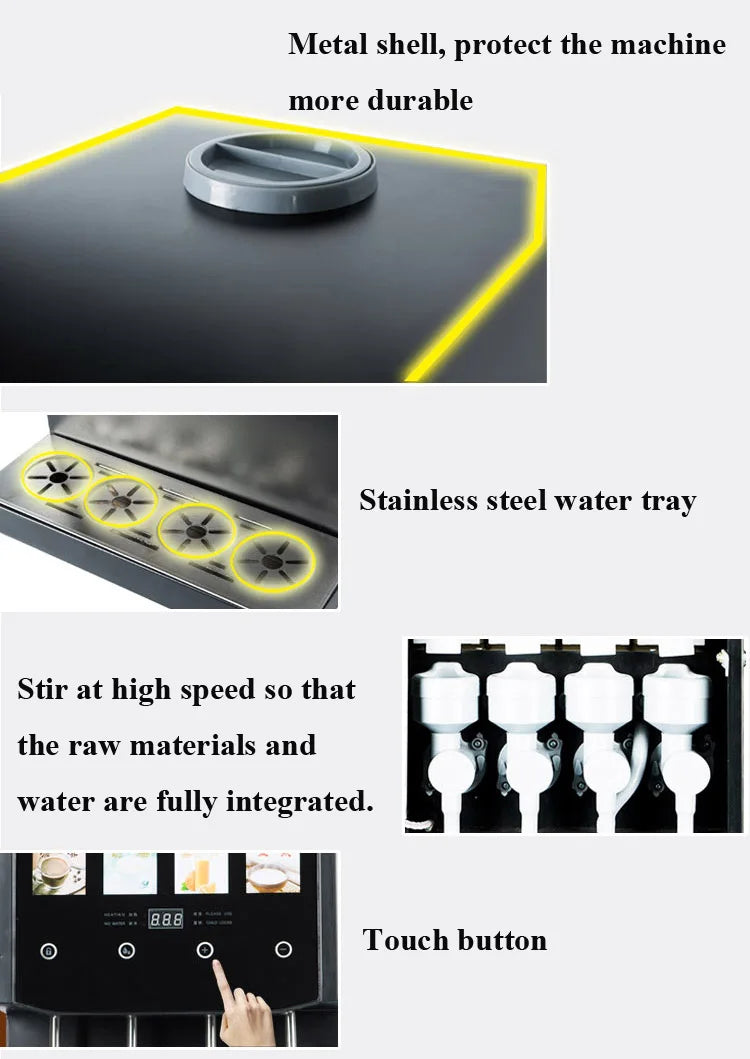 Commercial coffee machine with metal shell, stainless steel water tray, high-speed stirrers, and touch button screen.