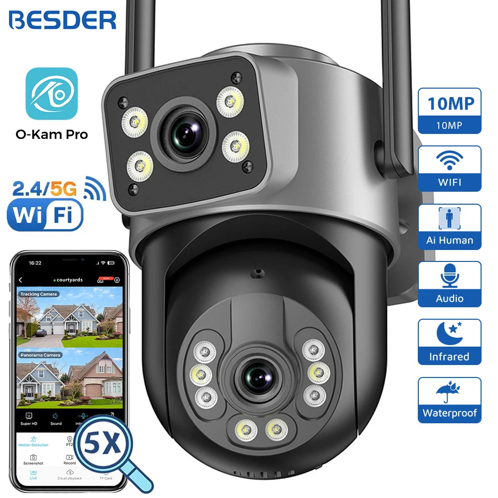 BESDER 5K 10MP PTZ Wifi Camera AI Auto Tracking 5G Dual Band Outdoor Dual Lens 8MP 4K CCTV Security IP Camera Wifi6 Cam Audio