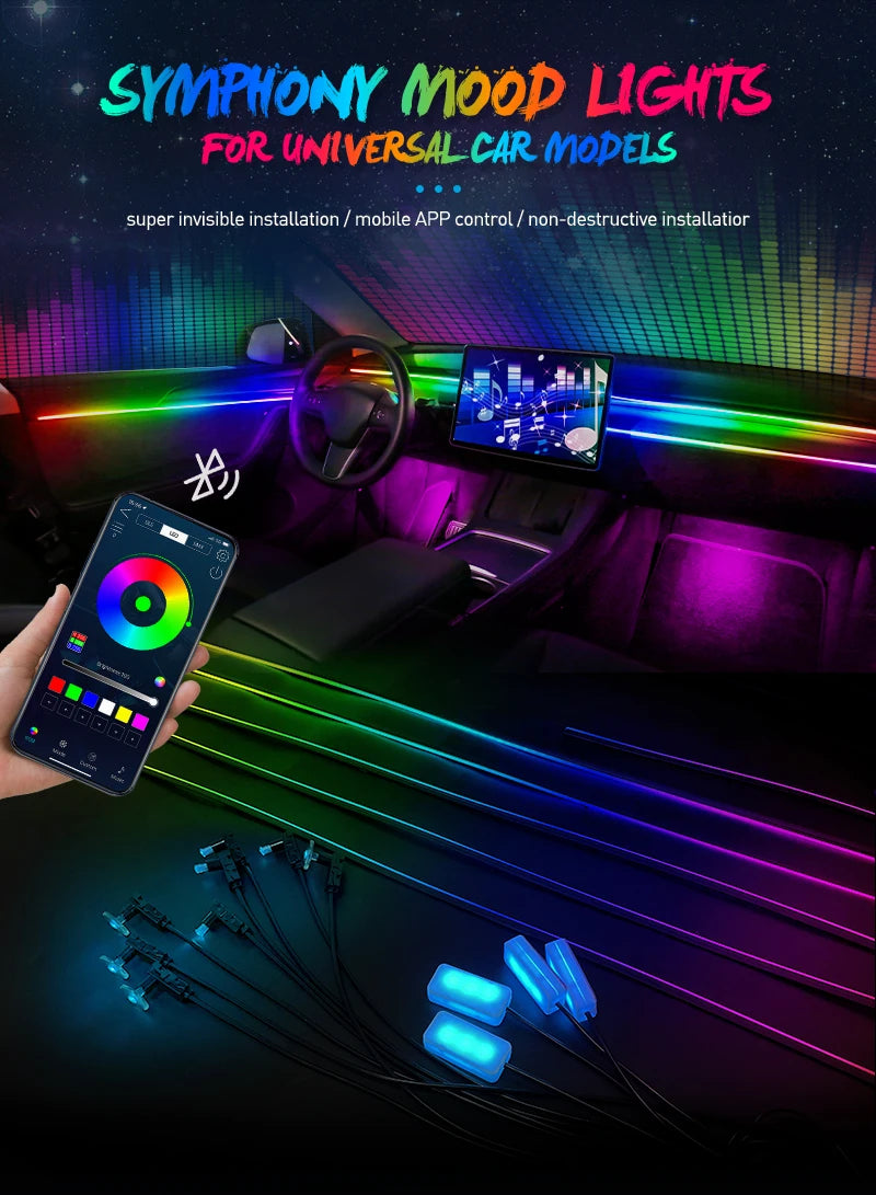 Symphony mood lights with multicolored LED strips and small modules for car interior, controlled by a smartphone app.