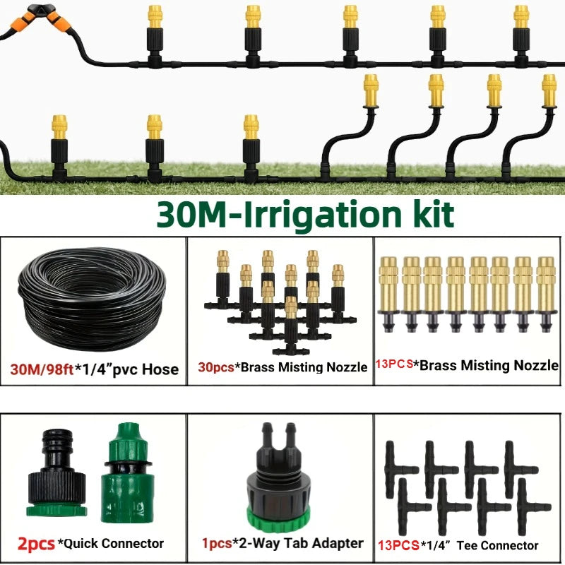 Outdoor Misting Cooling System, Garden Irrigation Watering, 1/4 Inch Atomizer Nozzle, 4/7mm Hose, 10M-30m, for Patio Greenhouse