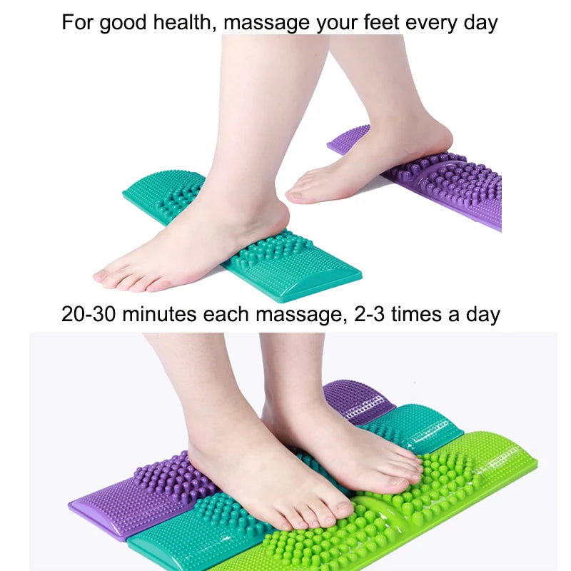 Portable plastic reflexology foot massage mat with acupressure nodes for home pain relief and stress relaxation.