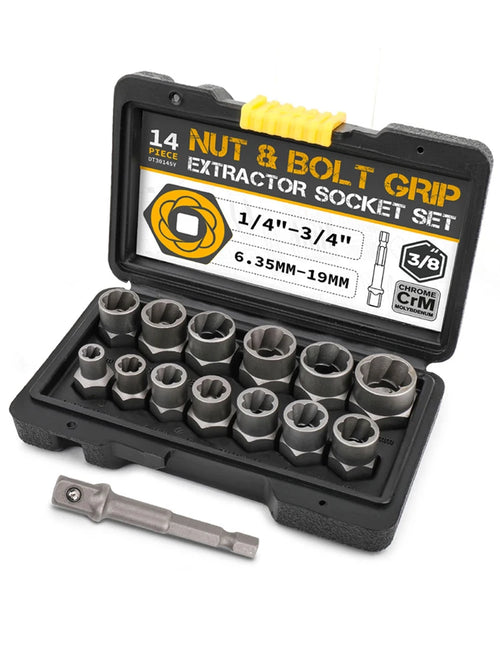 14-piece nut and bolt grip extractor socket set in black plastic storage case