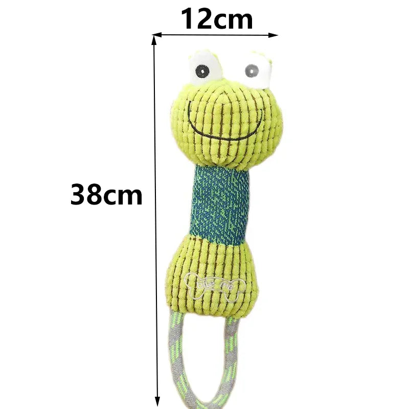 Green frog plush squeaky dog toy with rope for interactive play, dental cleaning, and puppy chewing training (38cm).