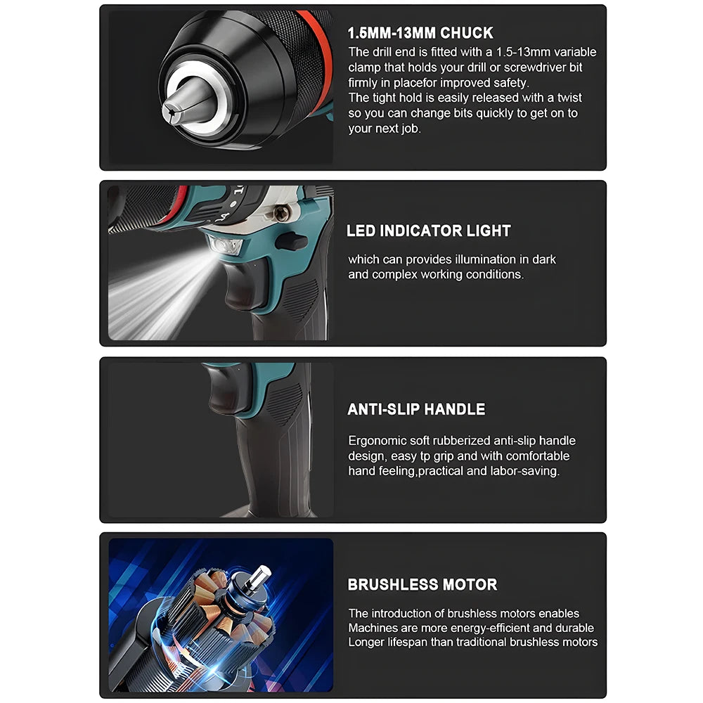Podofo Brushless Electric Drill Screwdriver Power Tools Metal Chuck Impact Hammer Drill  Cordless Motor Screwdriver Power Tools