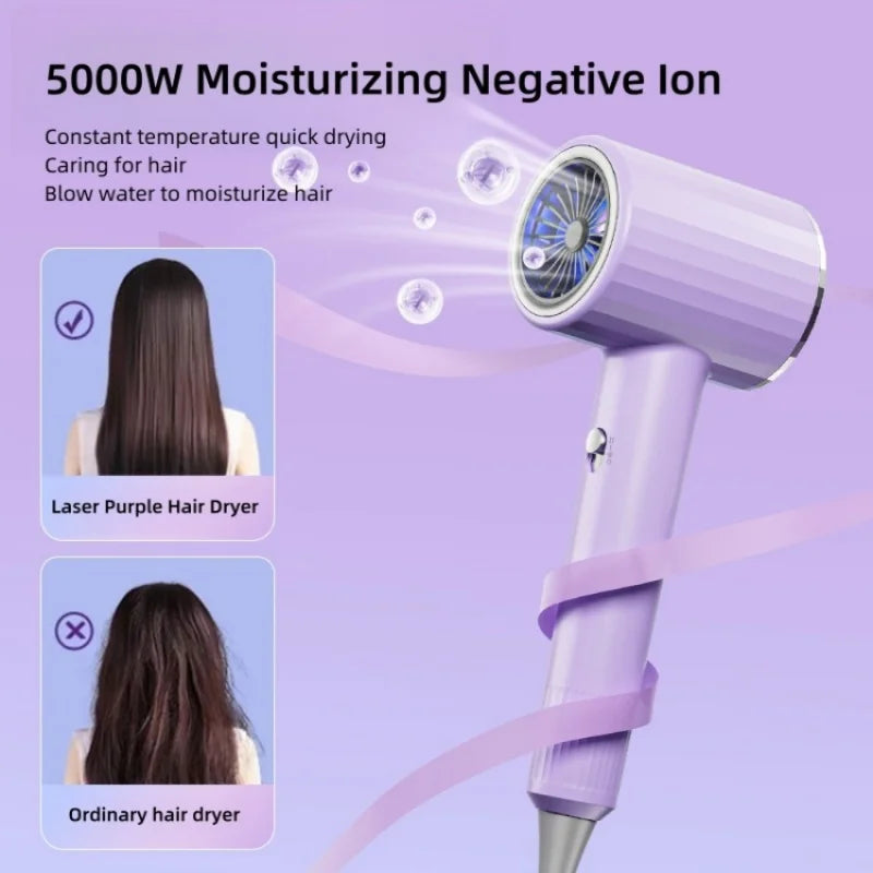 Purple 5000W negative ion hair dryer with blue light for moisturizing, salon-quality quick drying for smooth hair.