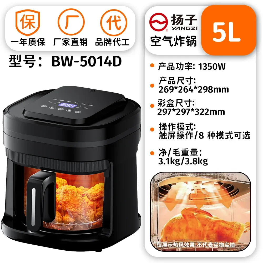 Black 5L countertop air fryer with viewing window and side handle