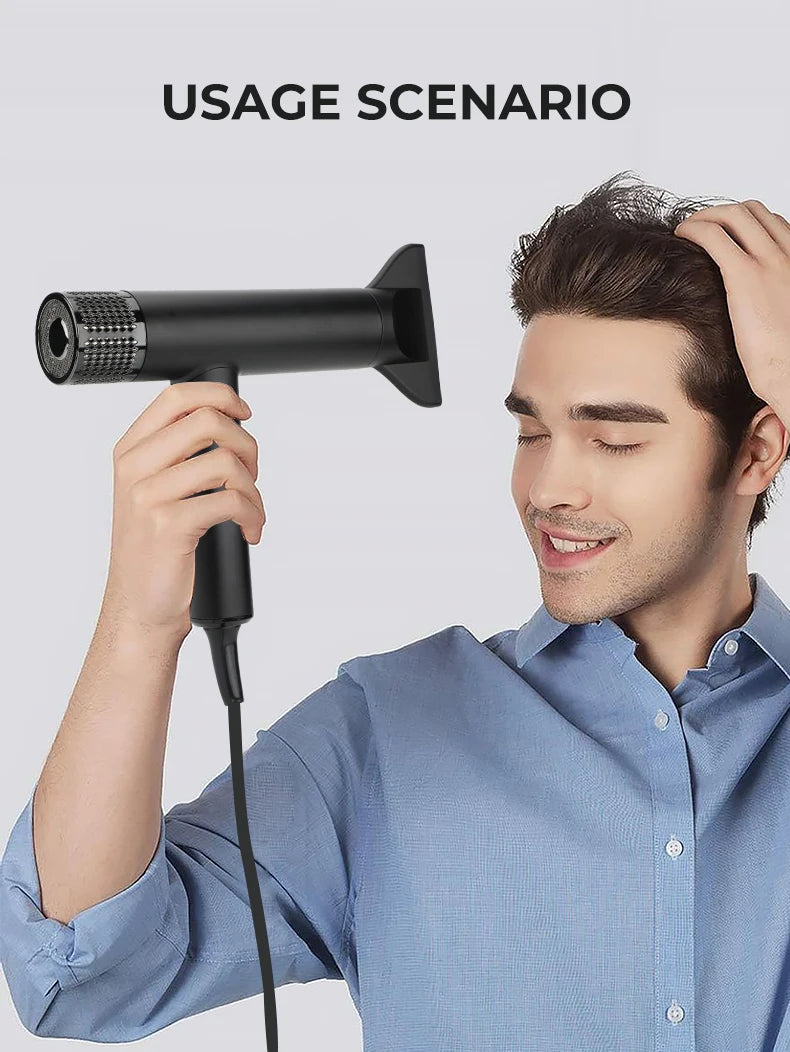 Man styling hair with black VGR V-401 professional brushless hair dryer featuring concentrator nozzle attachment.