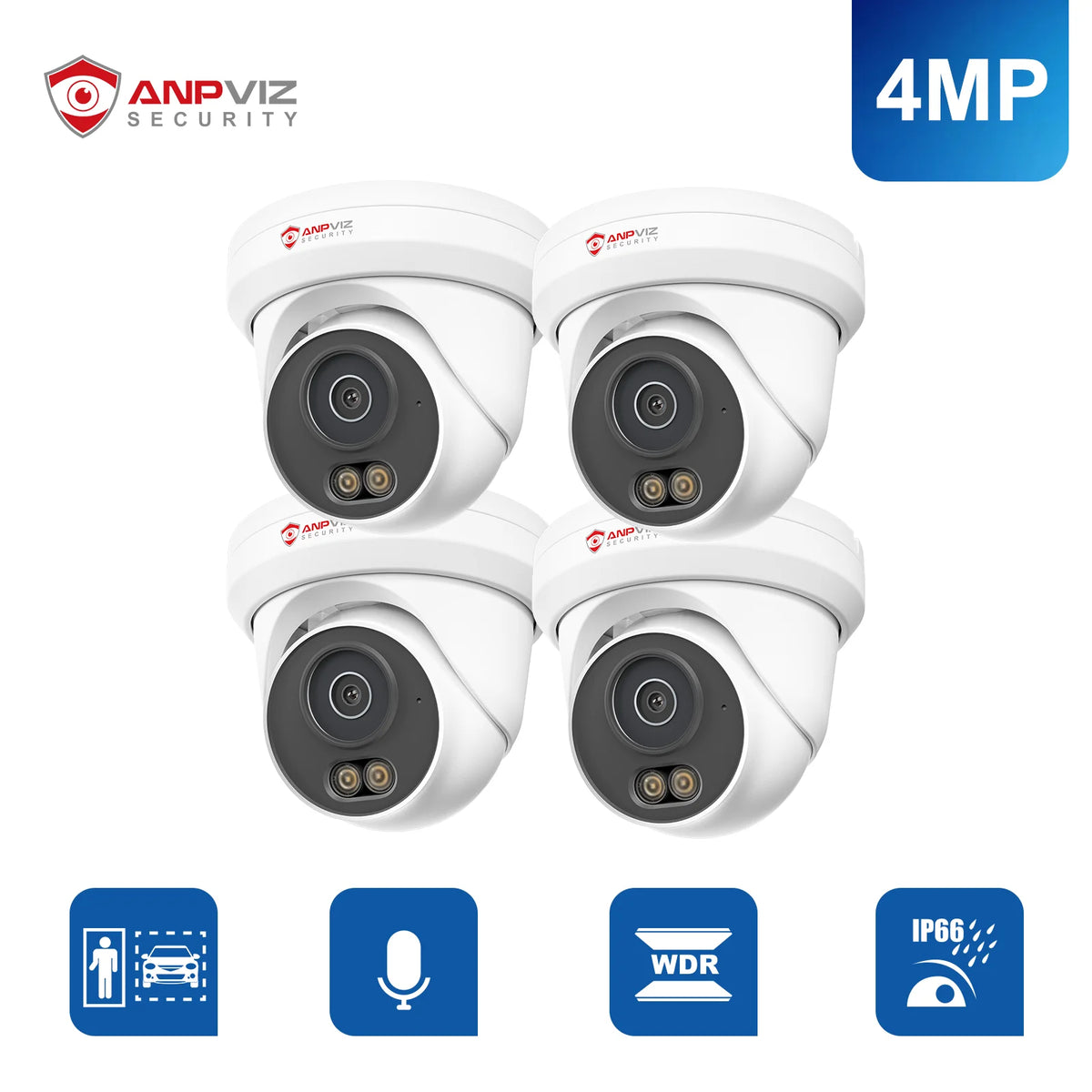 4MP white IP turret security cameras, four-pack, dual spotlights