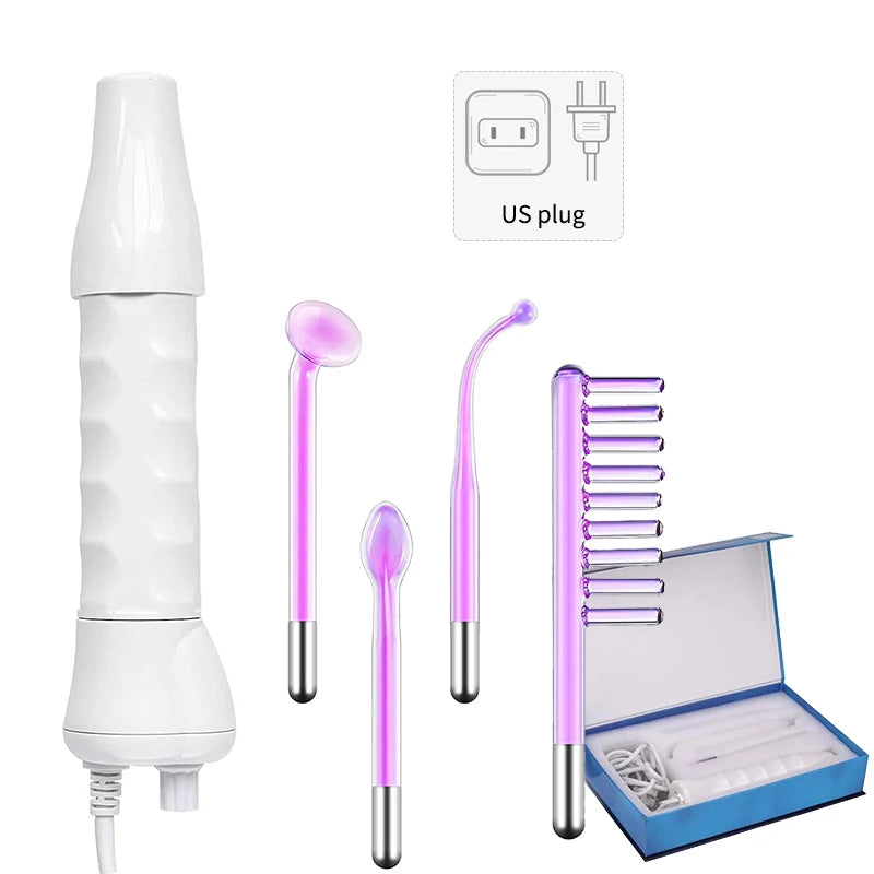 High-frequency facial wand with white handle, four neon-purple glass electrodes, US plug, and blue storage box.