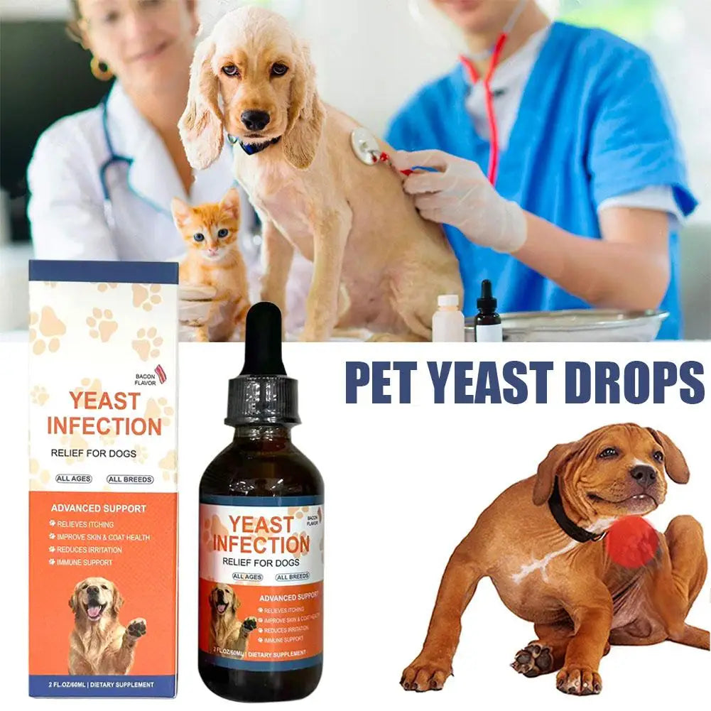 60ml dog yeast infection relief drops for healthy skin and coat. Herbal bacon-flavored supplement for pet itch relief.