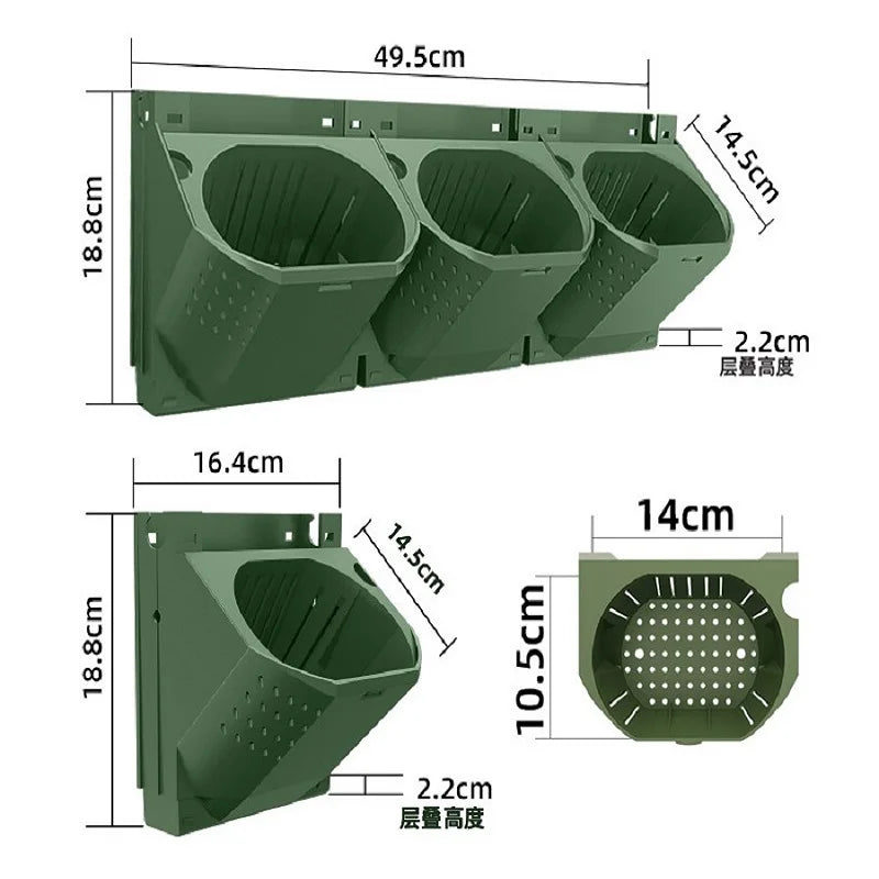 Green modular vertical planter module with built-in cup compartments, size diagram
