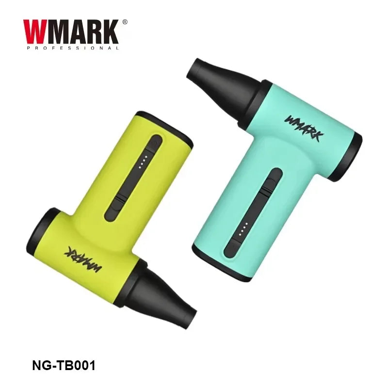 WMARK NG-TB001 cordless brushless hair dryer and dust blower in mint and lime green with nozzle attachments.