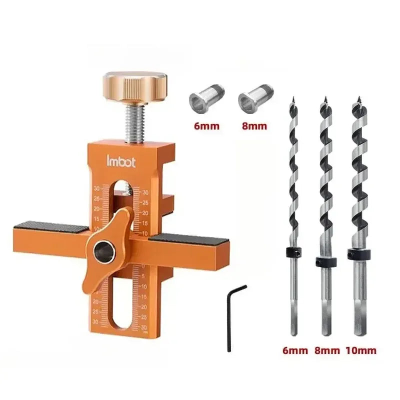 Cabinet door mounting jig with orange base, plus 6/8/10mm drill bits and hex key