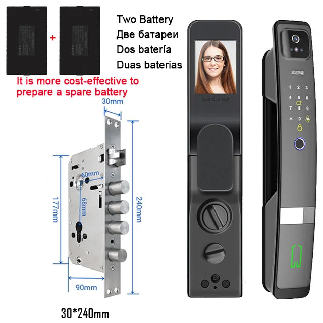 WiFi Tuya APP English/Russian/Spanish/Portuguese Voice Digital 3D Face Recognition Fingerprint Smart Door Lock