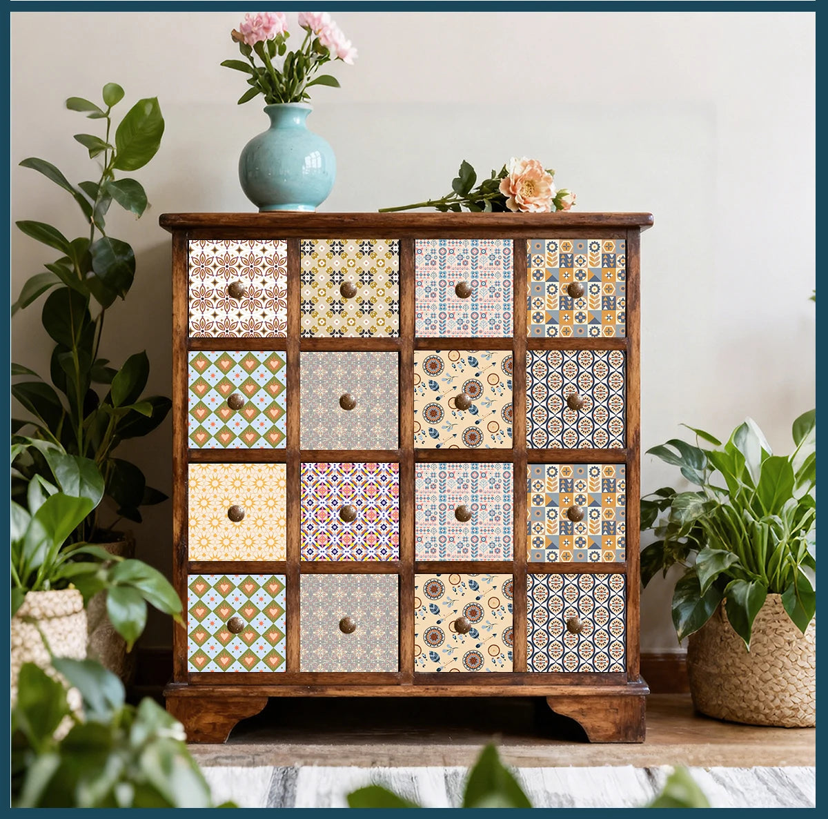Neutral Boho Floral Tile Stickers Self Adhesive Glossy PVC Waterproof Decals Kitchen Bath Cabinet Backsplash Wall Home Deco