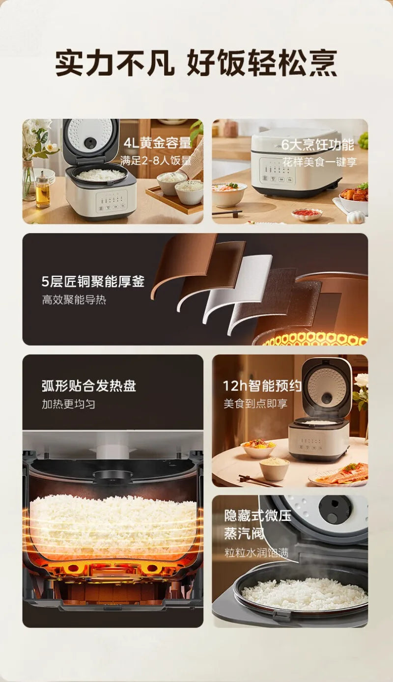 Midea rice cooker feature diagram showing heated inner pot and cooked rice