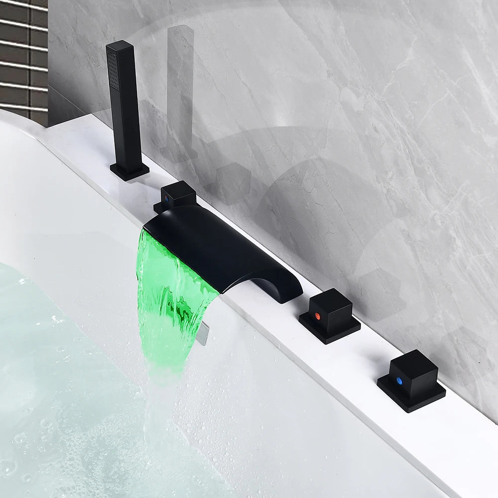 Black Bathroom Faucet Set with LED Light 2-Way Bathtub Mixer, Waterfall and Hand Shower Tap for Modern Bathroom