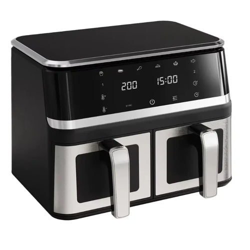 Black air fryer with dual pull-out baskets and side silver handles, digital display