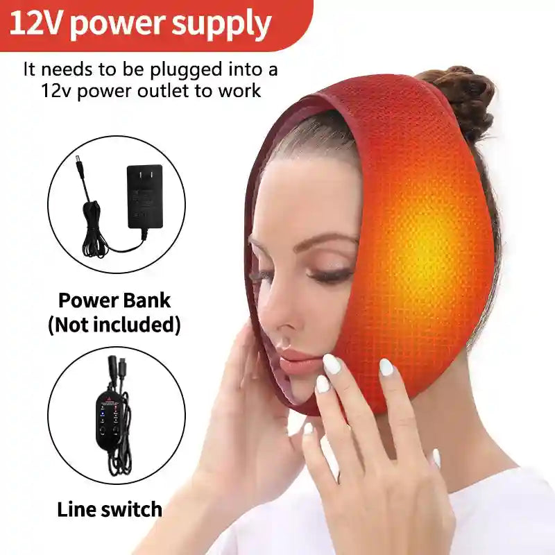 Woman wearing a red mesh electric heated face wrap, with icons showing a 12V power supply and a controller line switch.