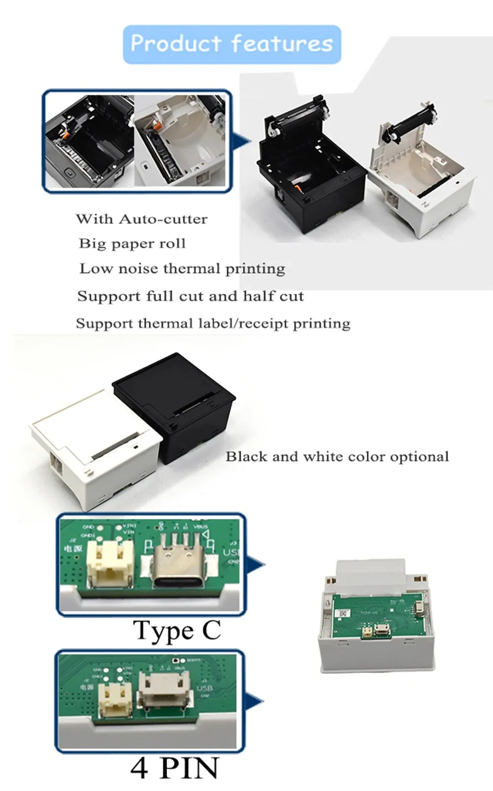 Product features diagram showing auto-cutter, Type-C connection, and 4-pin board