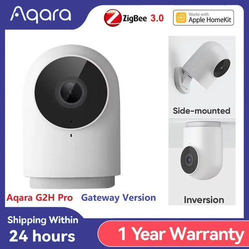 White smart home security camera with black lens, gateway hub version design