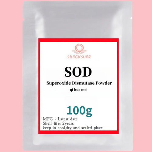 Anti-aging SOD Superoxide Dismutase powder supplement, 100g in a white minimalist silver pouch packaging.