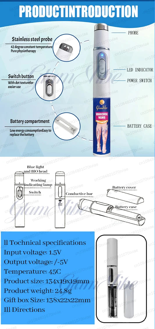 White cylindrical handheld device for varicose vein therapy featuring a metal probe, power button, and battery case.
