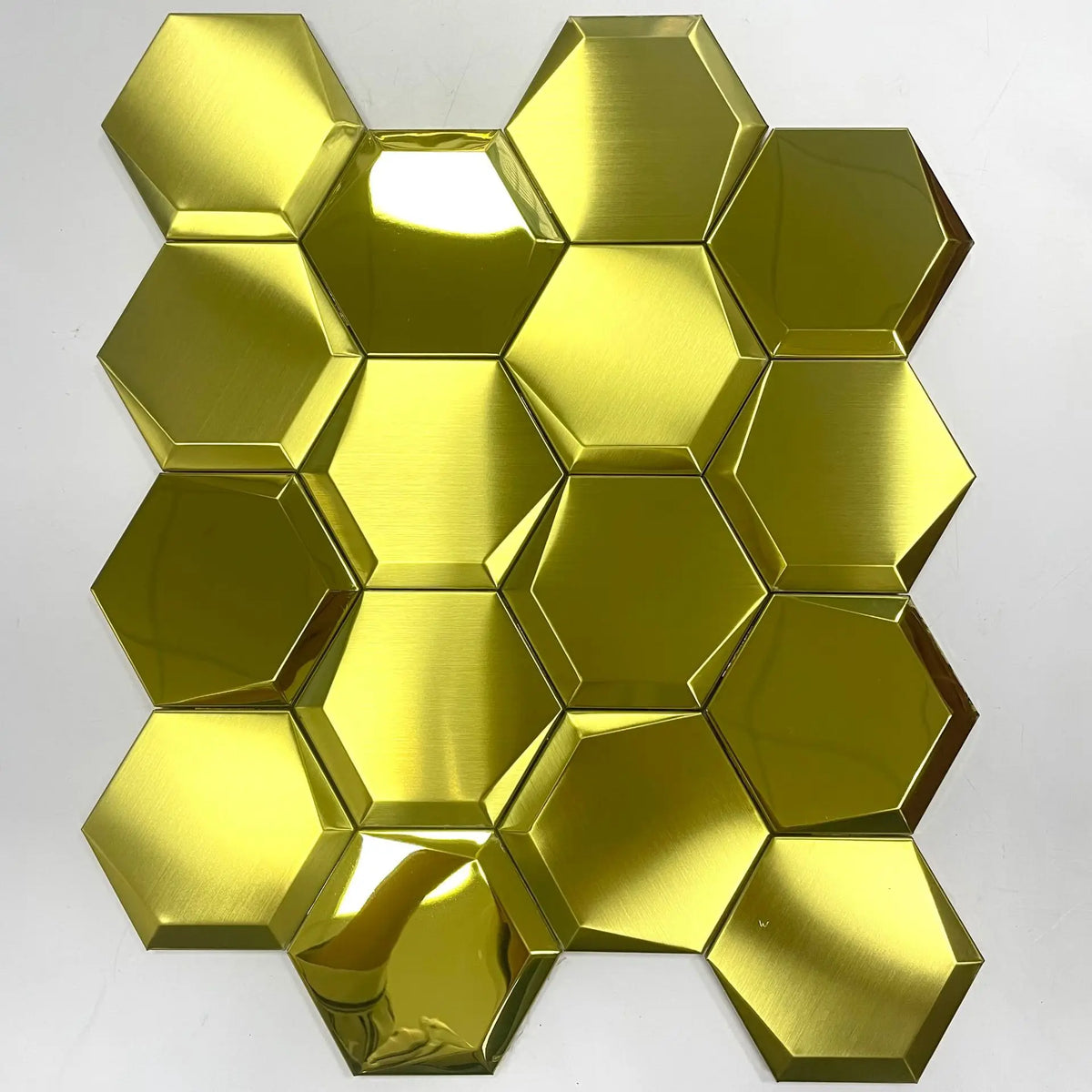 Hexagon self-adhesive metal mosaic tiles panel, bright yellow-gold reflective hexagons.